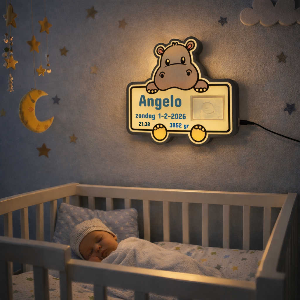 Lightbox nijlpaard boven ledikant